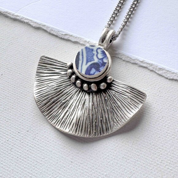 Blue White Ceramic Pendant Necklace Silver Fan Statement Necklace - Picture 3 of 9